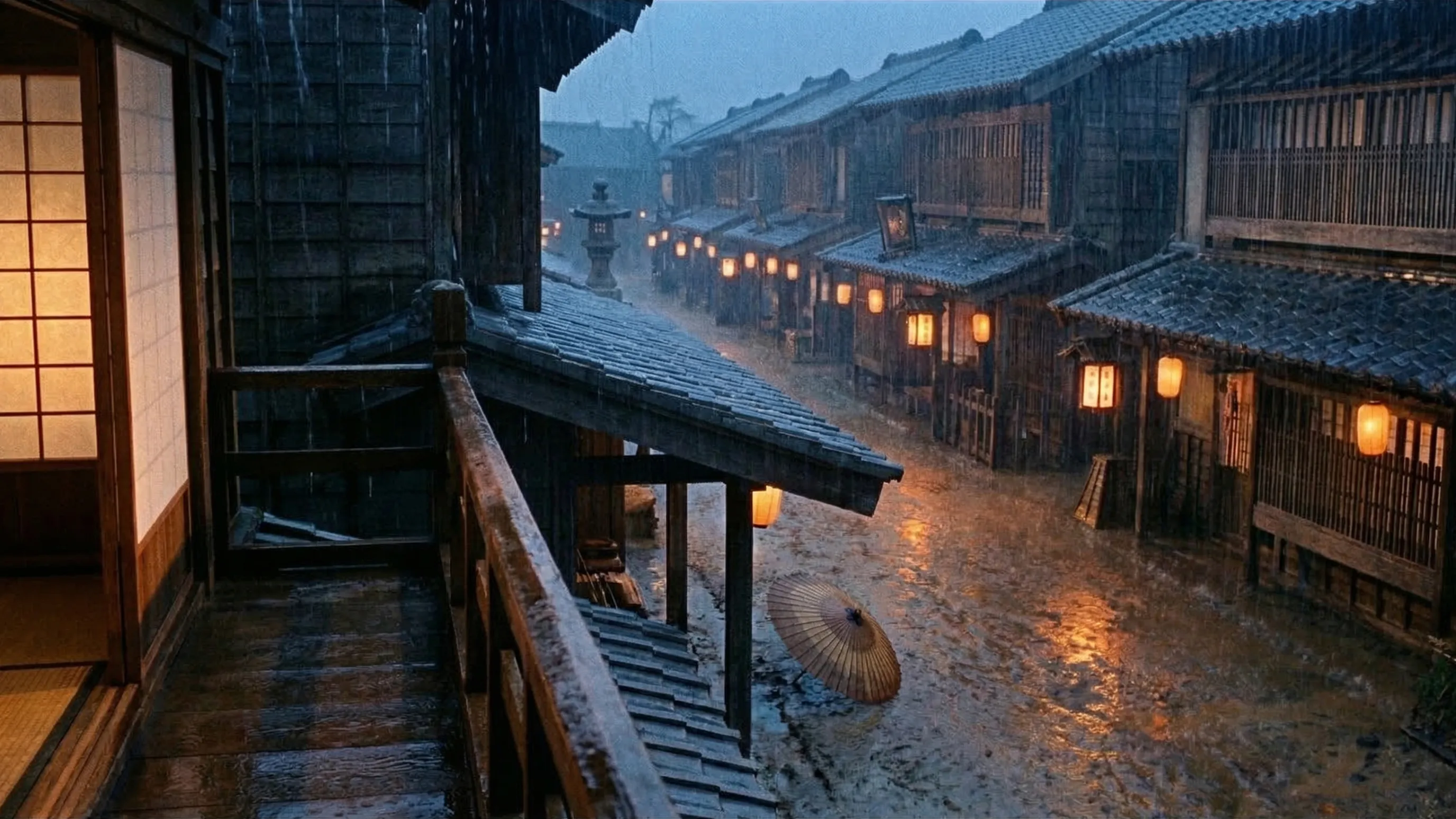 The same scene after the Kurosawa prompt. A muddy street dully reflecting the light, an abandoned janome umbrella and a stone lantern sinking into the rain, like a single frame from a period film