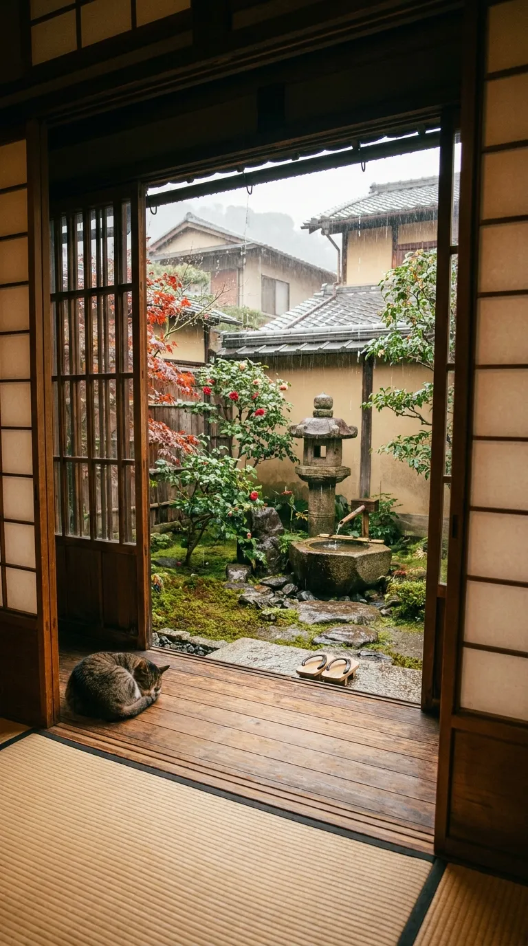 勾配屋根の禁止ルールは満たしているものの、遠景に昭和の現代住宅が描かれてしまった町家のシーン