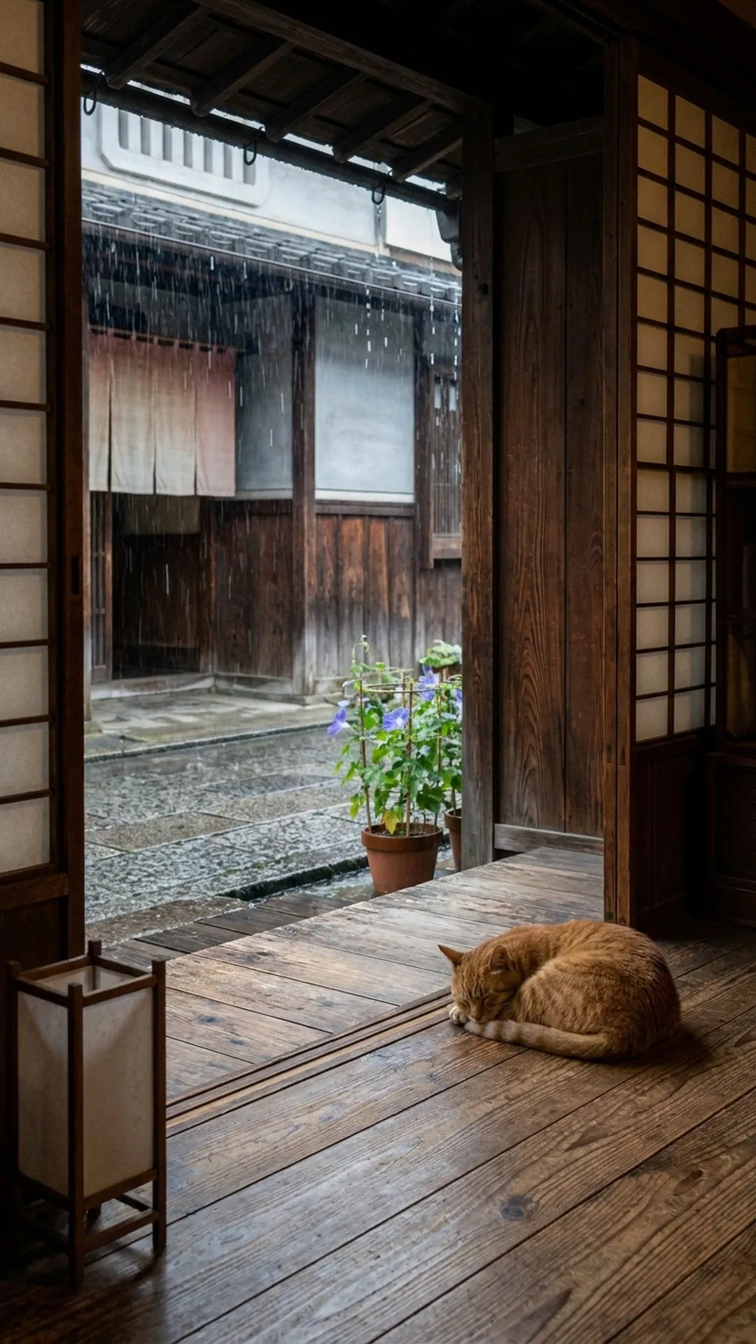 19:48に「完璧」と評したシーンedo_nagaya_3。縁側で眠る猫、外は雨の石畳の通り