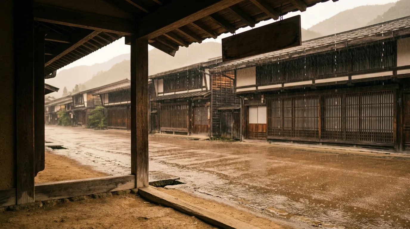 第2回生成：文字を禁止した結果、看板が無地の板になりゴーストタウンのようになってしまった例