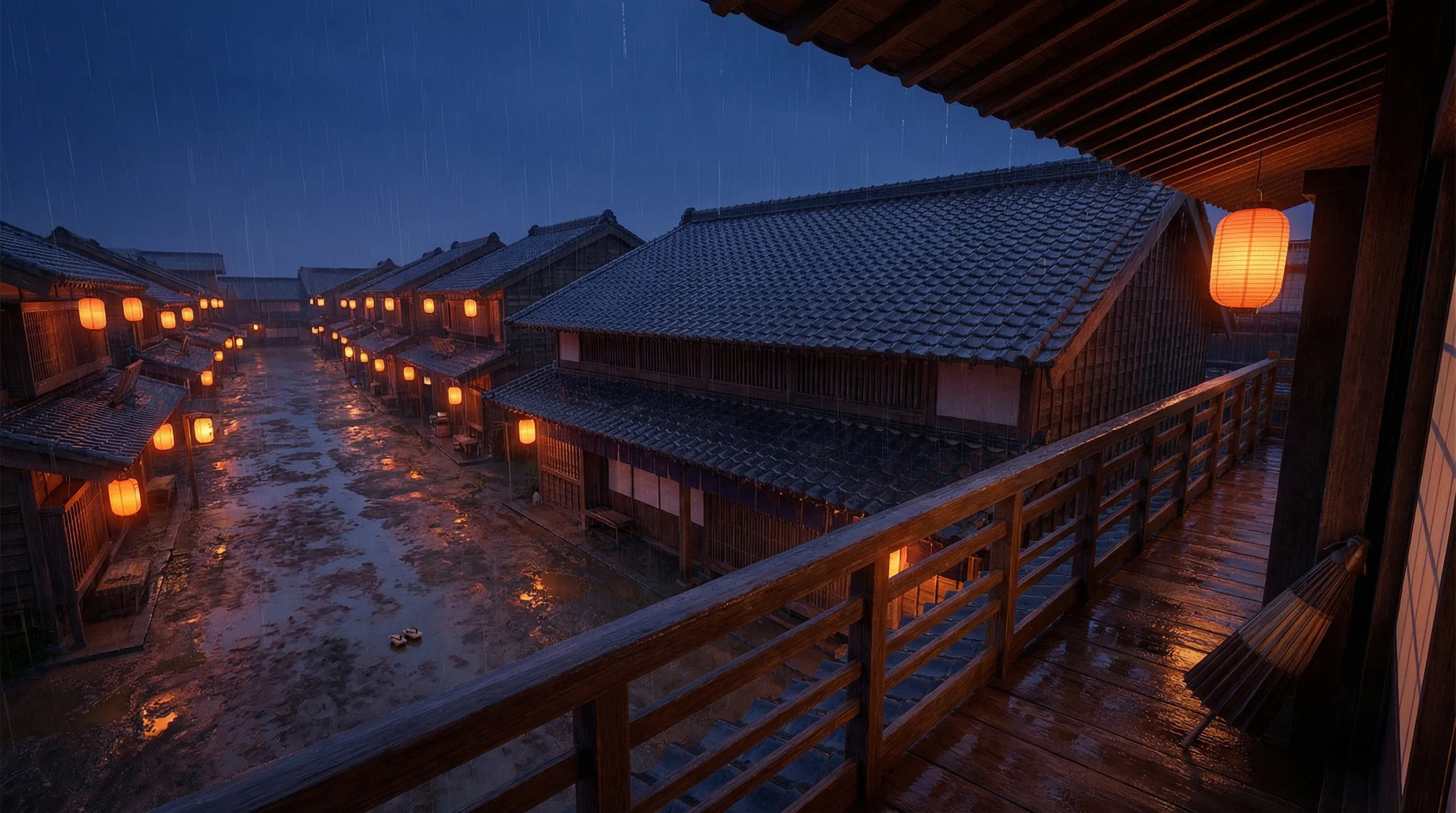 The night at the Edo pleasure house before the Kurosawa prompt. Lanterns in an even row, uniformly lit, tidy, a night scene with nothing out of place
